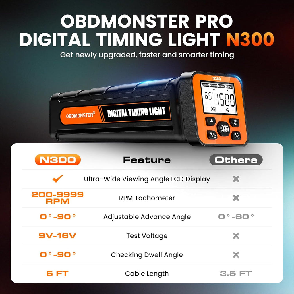 OBDMONSTER N300 Pro Digital Timing Light Ignition Timing Gun with RPM, Advance & Dwell Angle for 2/4 Stroke Gasoline Engines