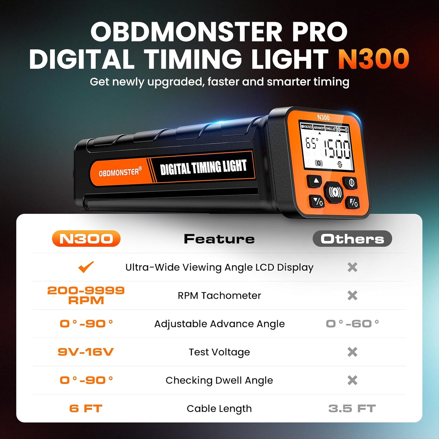 OBDMONSTER N300 Pro Digital Timing Light Ignition Timing Gun with RPM, Advance & Dwell Angle for 2/4 Stroke Gasoline Engines