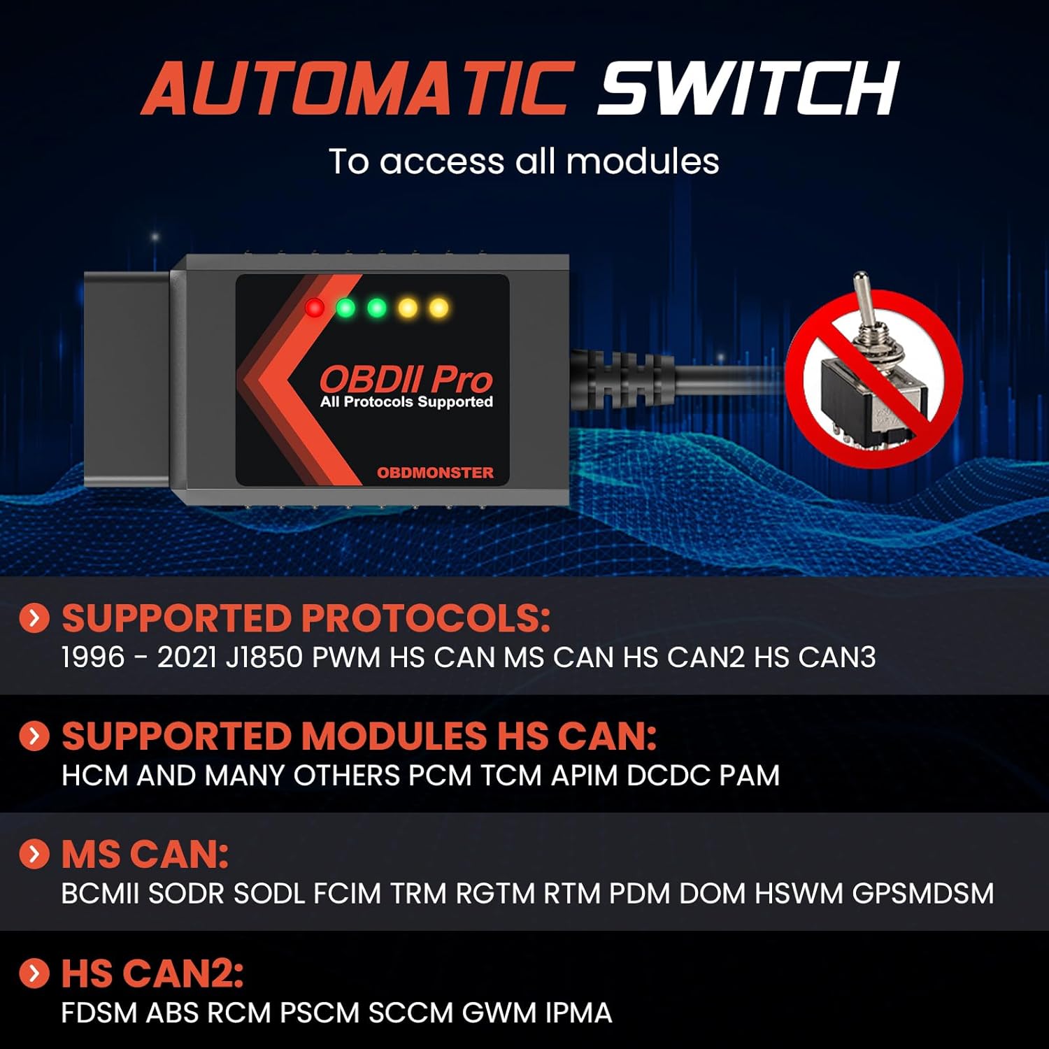 OBDMONSTER ELM327 USB OBD2 Adapter for FORScan Auto MS/HS CAN Switch Diagnostic Tool for Ford F150, F250, Mazda & Lincoln