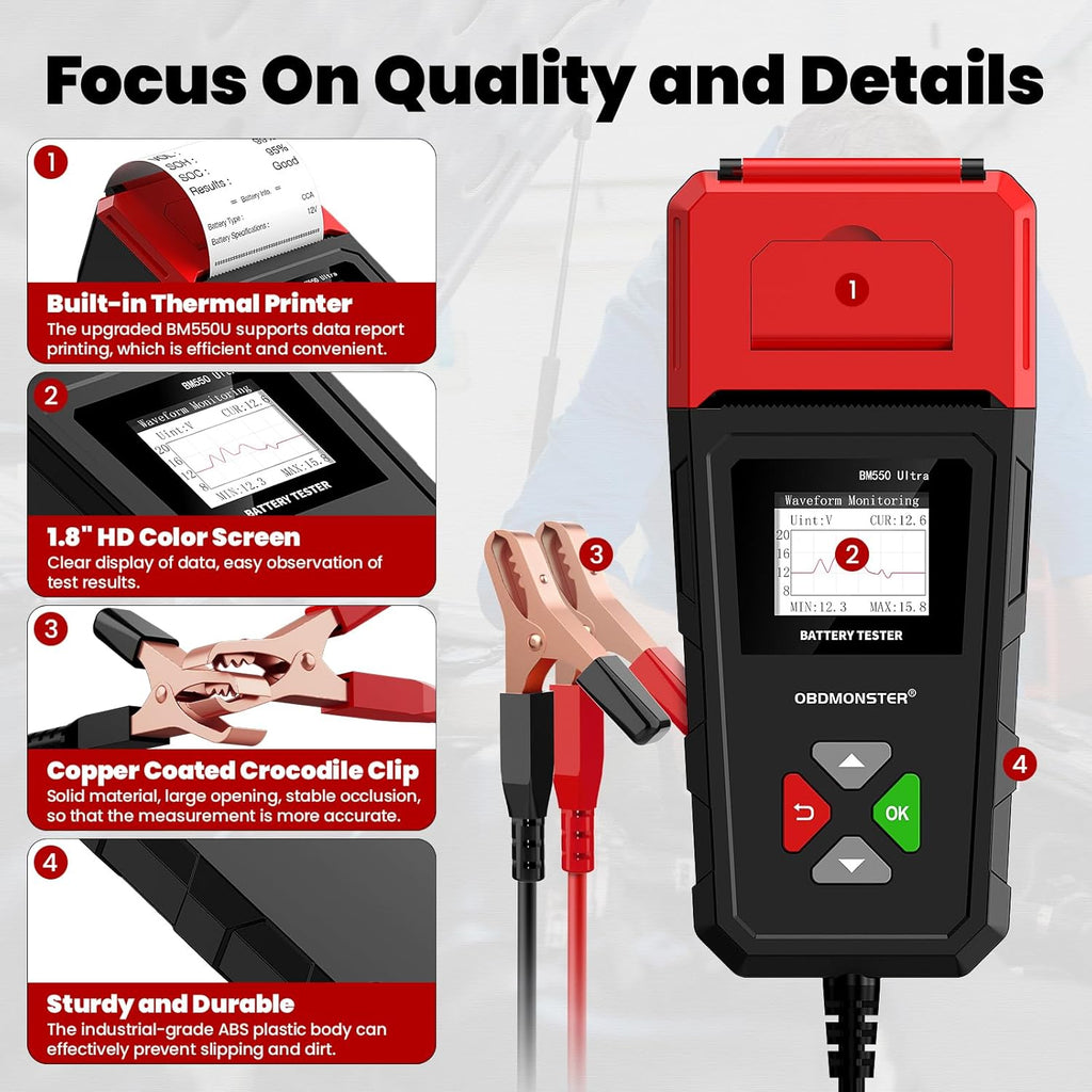 OBDMONSTER BM550U Battery Tester with Printer 6V 12V 24V Automotive Load Tester & Alternator Analyzer (100-2000 CCA)