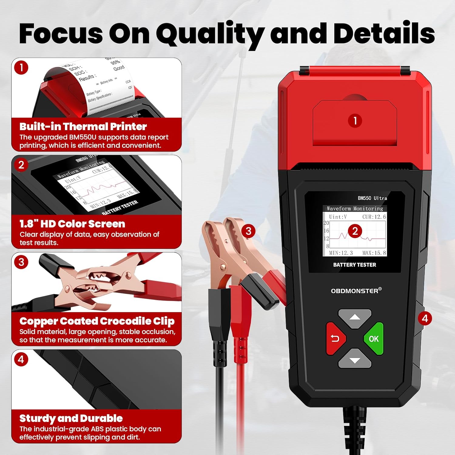 OBDMONSTER BM550U Battery Tester with Printer 6V 12V 24V Automotive Load Tester & Alternator Analyzer (100-2000 CCA)