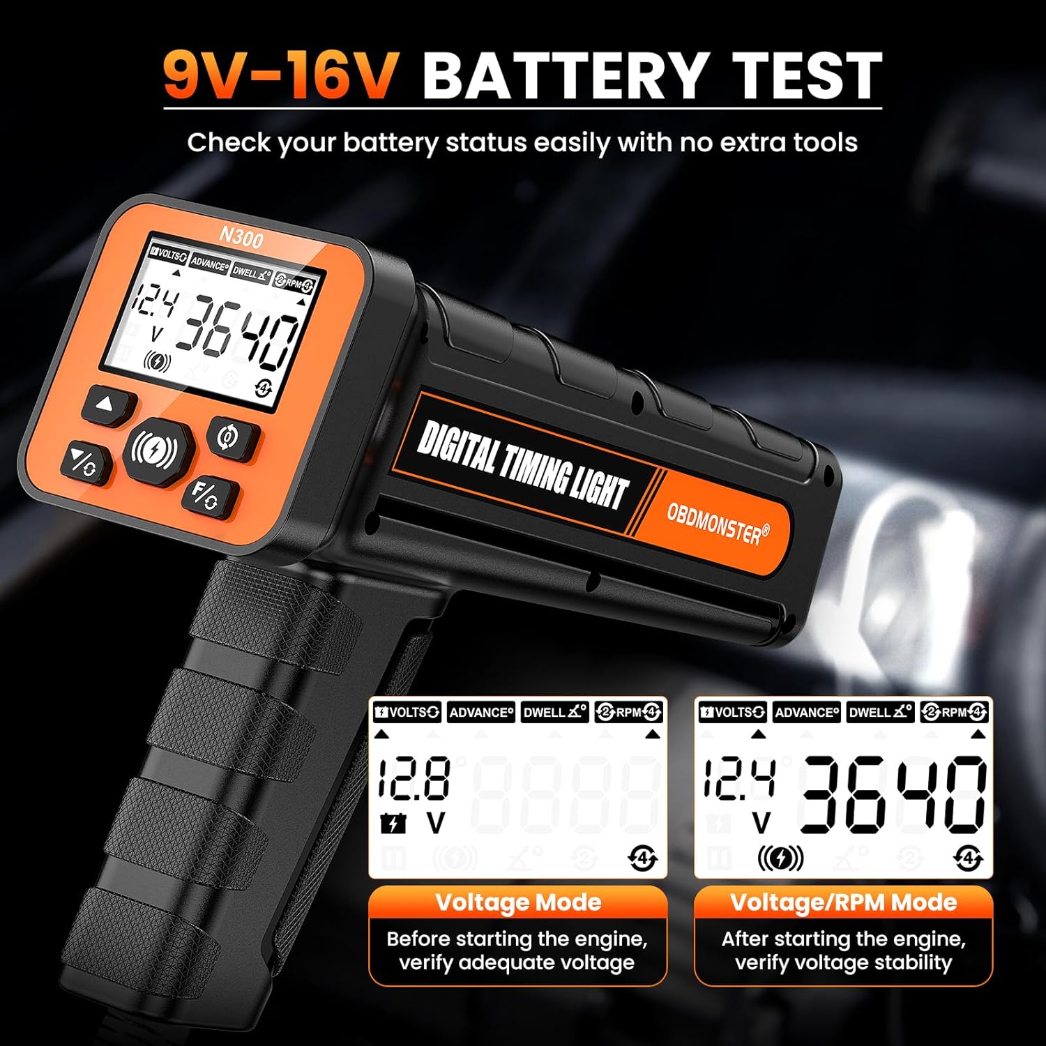 OBDMONSTER N300 Pro Digital Timing Light Ignition Timing Gun with RPM, Advance & Dwell Angle for 2/4 Stroke Gasoline Engines