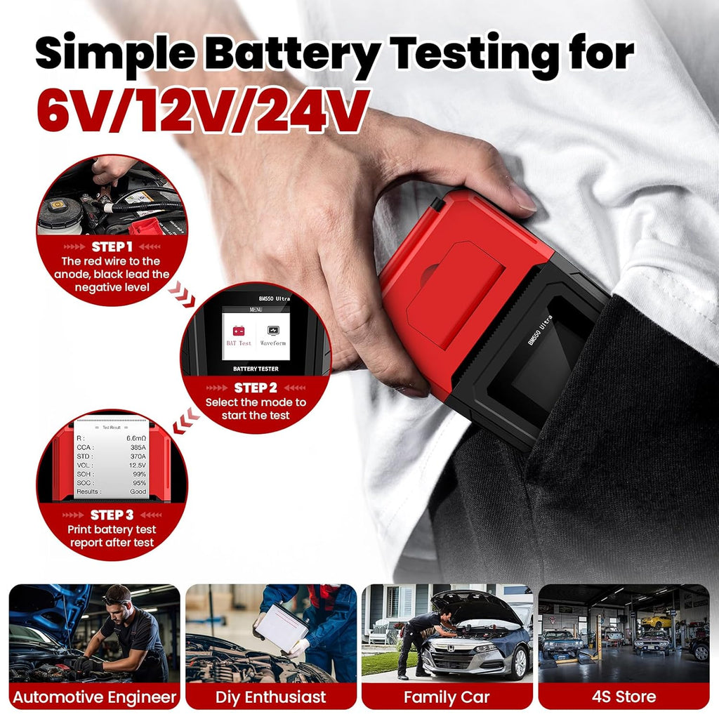 OBDMONSTER BM550U Battery Tester with Printer 6V 12V 24V Automotive Load Tester & Alternator Analyzer (100-2000 CCA)