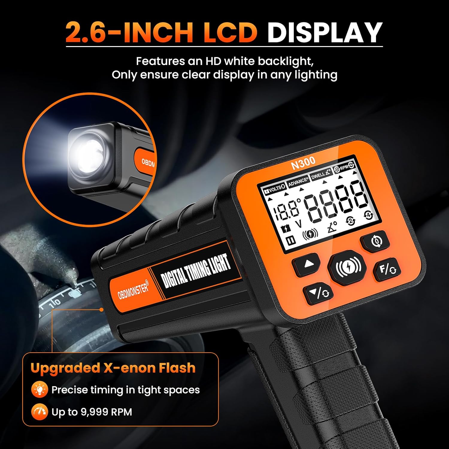 OBDMONSTER N300 Pro Digital Timing Light Ignition Timing Gun with RPM, Advance & Dwell Angle for 2/4 Stroke Gasoline Engines