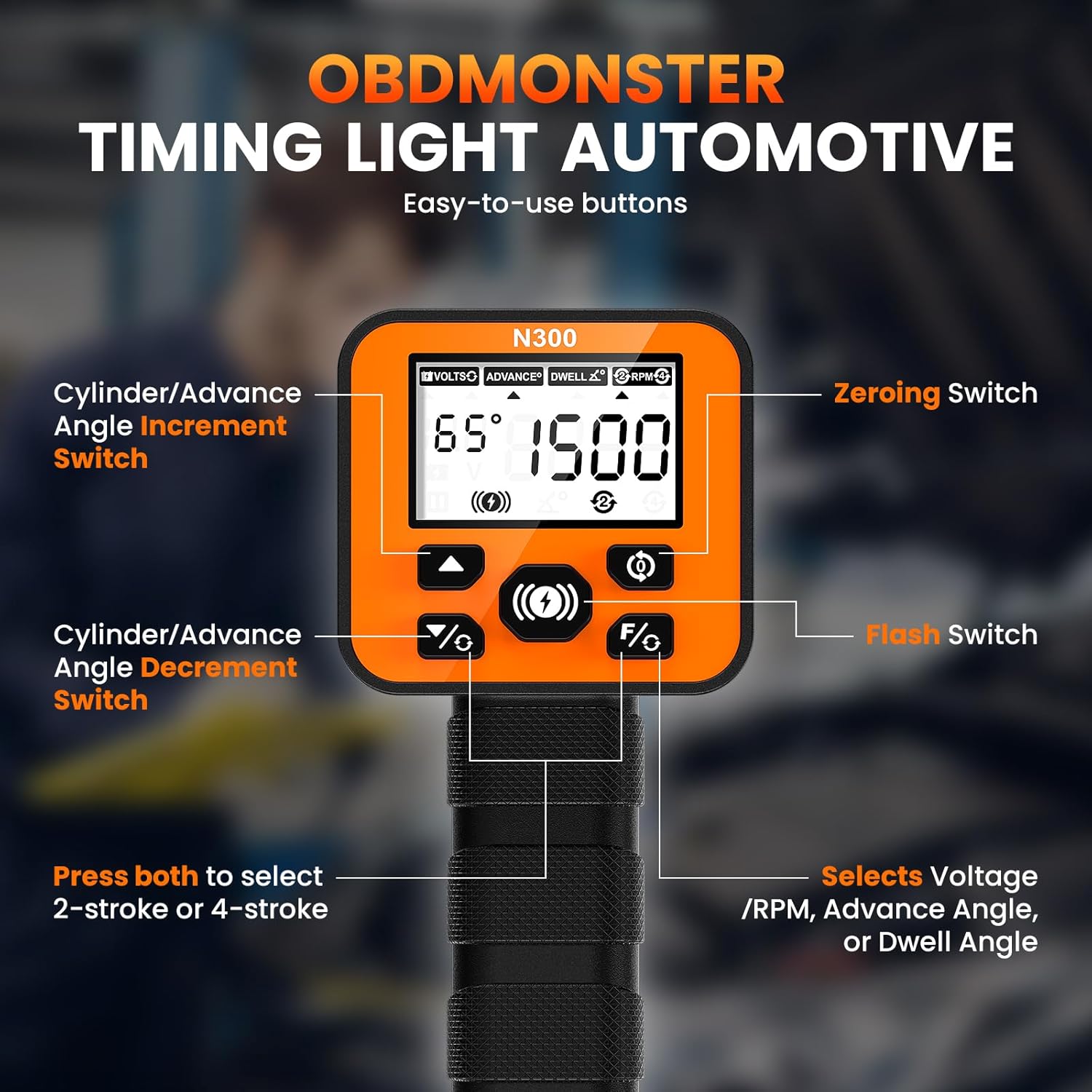 OBDMONSTER N300 Pro Digital Timing Light Ignition Timing Gun with RPM, Advance & Dwell Angle for 2/4 Stroke Gasoline Engines
